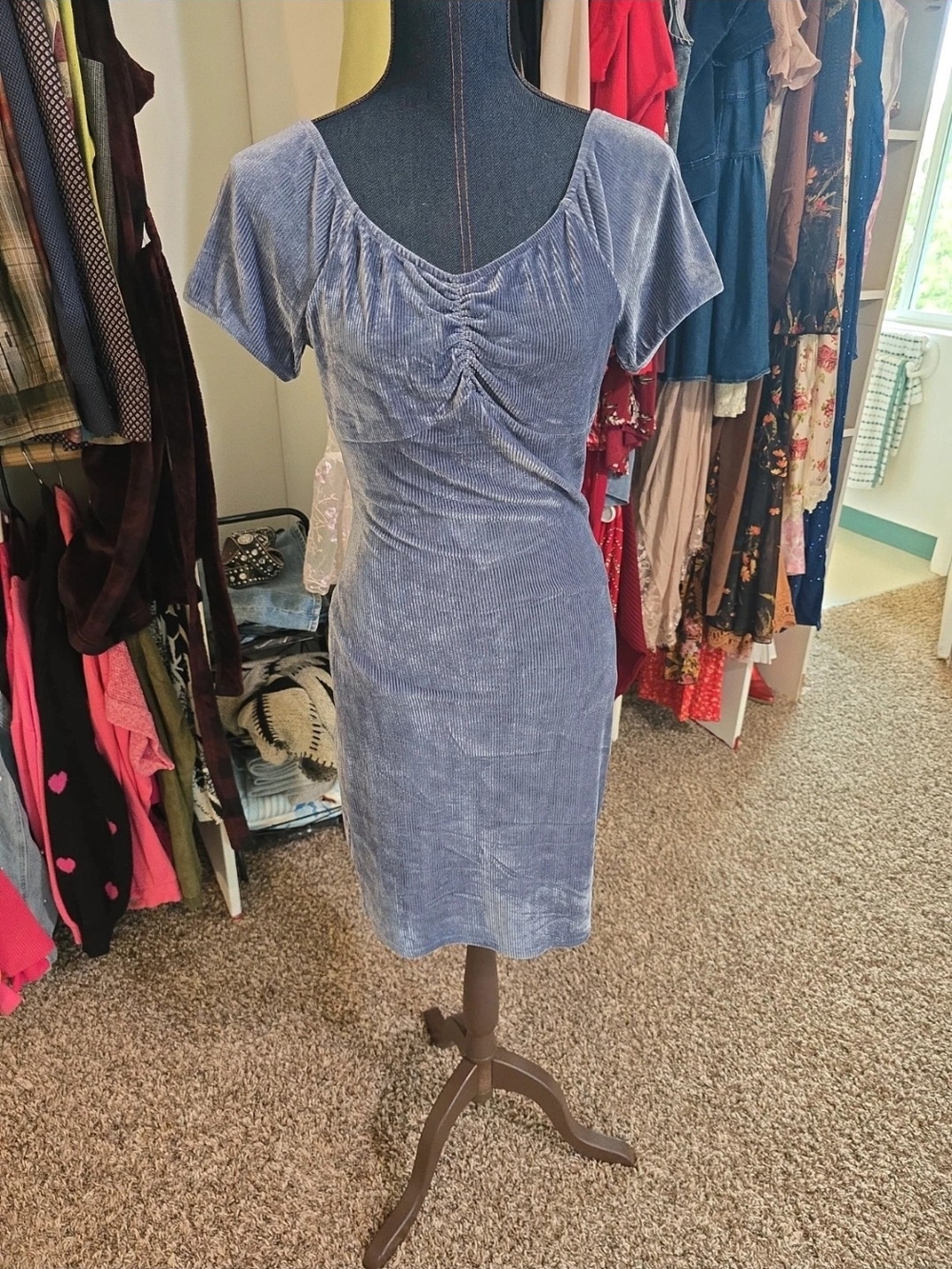 Ultra Flirt Lavender-Blue Velvet Midi Dress with Ruched Front